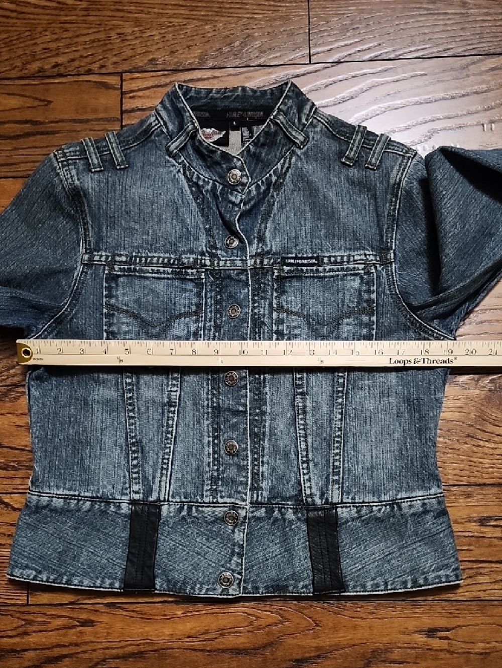 Harley-Davidson Denim Jacket Large Embroidered Logo Leather Trim Snap Front Zip - Picture 14 of 16